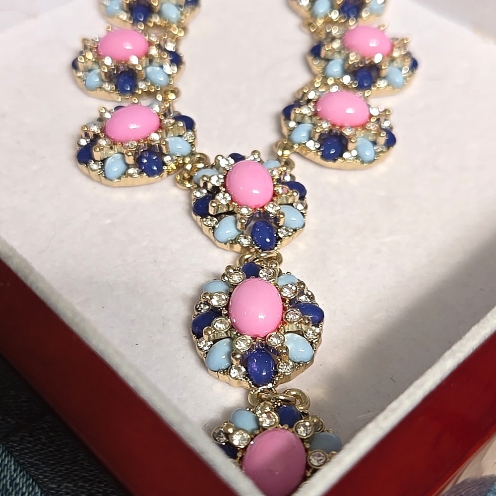 Talbots Pink and Blue Cabachons w/ Rhinestones Necklace - Picture 6 of 8